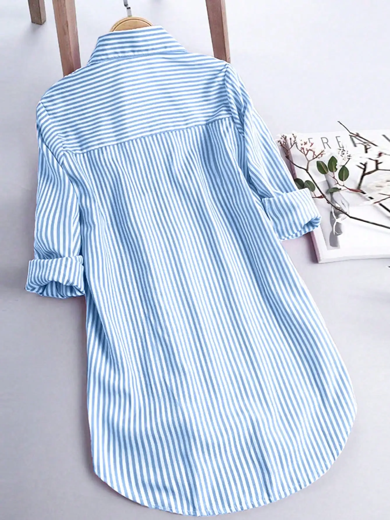 Plus Size Women's Fashion Striped Lapel Single Breasted Blouse Shirt Casual Loose Long Sleeve Button Shirt