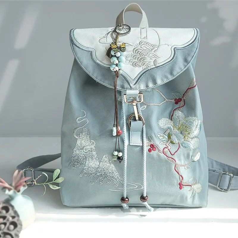 

Chinese Retro Ethnic Style Backpack Hanfu Artistic Embroidered Zipper Drawstring Canvas Bag Travel Bag Large Capacity
