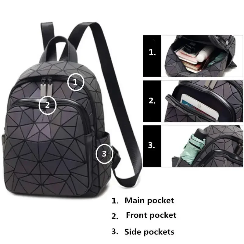 Zaino da donna luminoso di marca Borsa a tracolla da viaggio geometrica riflettente olografica Zaino pieghevole per scuola studentessa