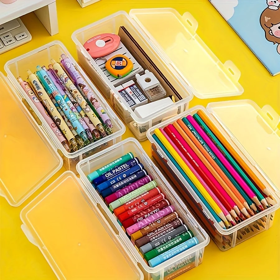 4 large transparent PP storage boxes with lids, used for storing office supplies, pencils, and crafts