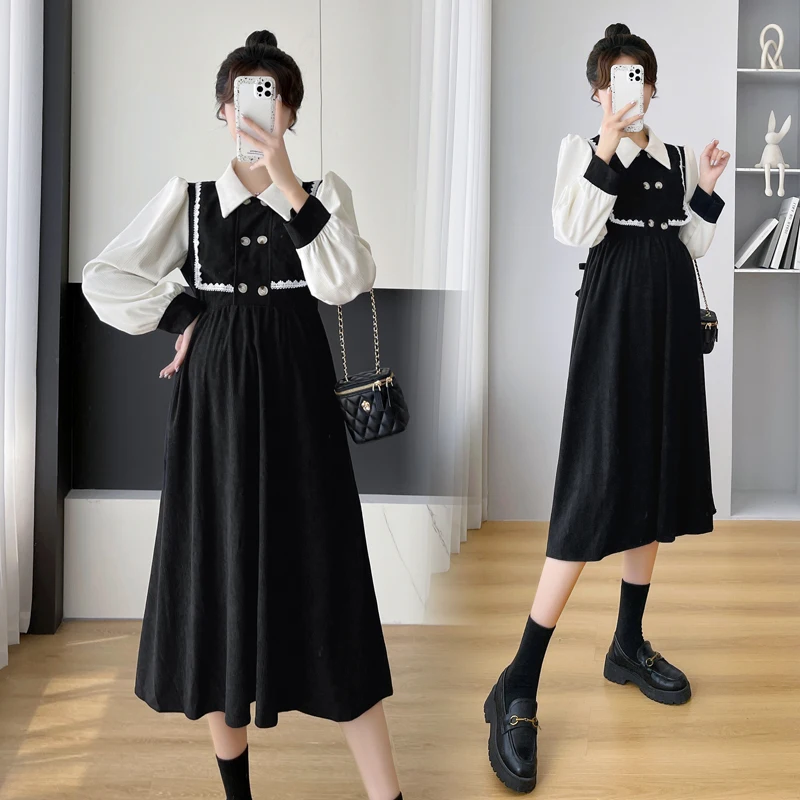 6878# 2023 Autumn Winter Fashion Patchwork One Piece Maternity Dress Stylish Elegant A Line Clothes for Pregnant Women Pregnancy