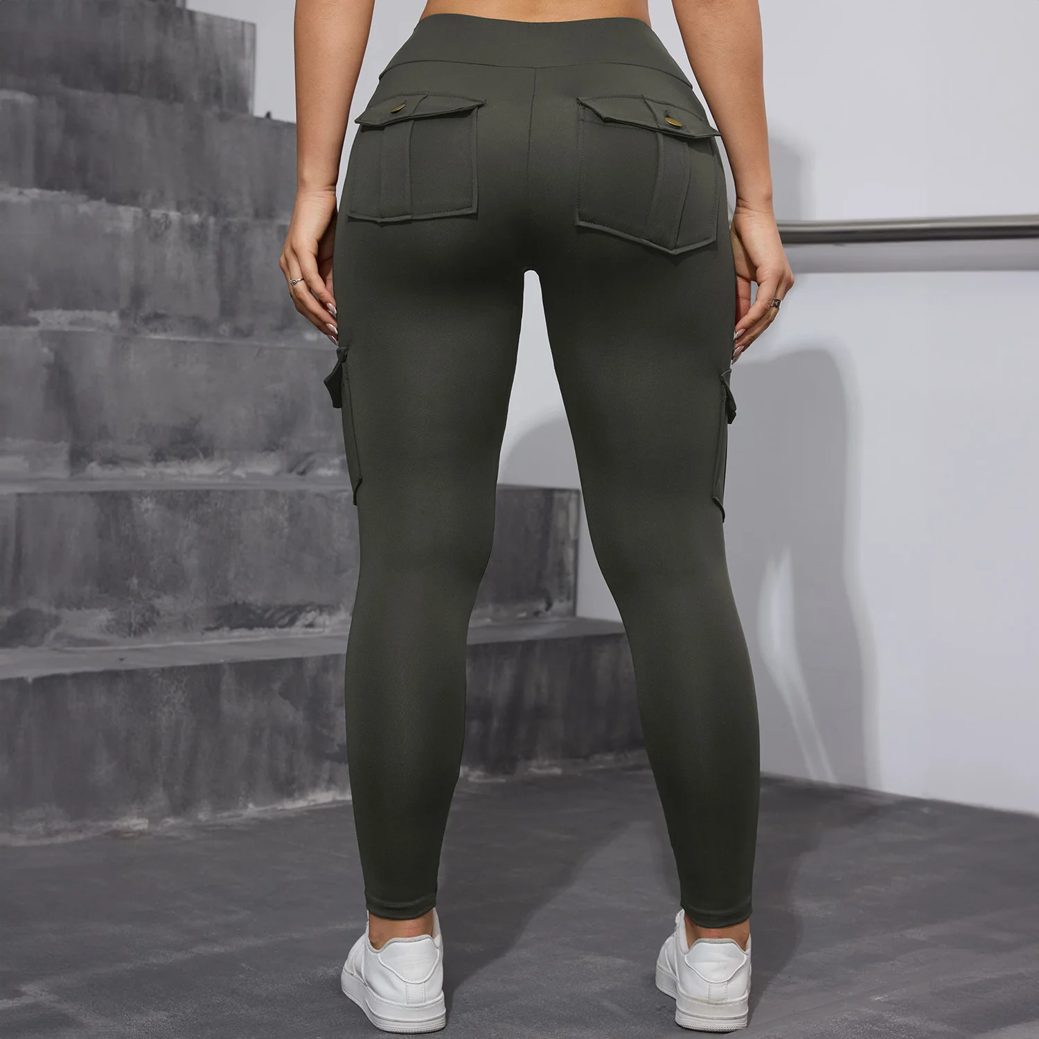 Hohe Taille Taschen Frau Leggings Einfarbig Fitness Skinny Stretch Sport Hosen Casual Outdoor Workout Leggings