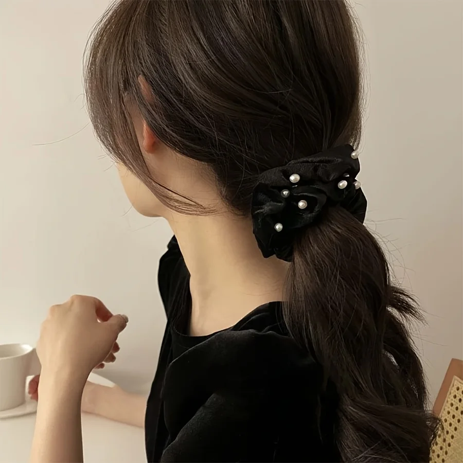 2Pcs French Style Black Satin Pearl Pleated Hair Ties Vintage Elegant Hair Accessories Soft Hairbands for Women Daily Use
