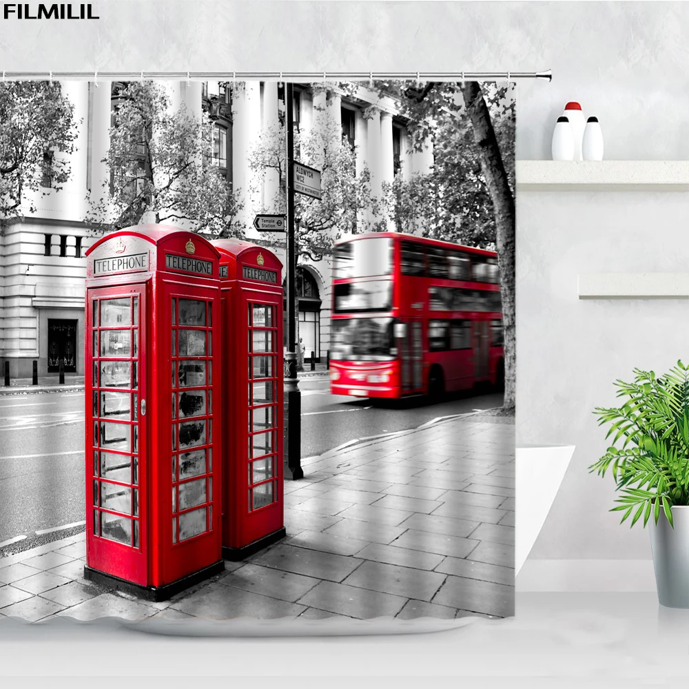 London Street View Shower Curtains Big Ben Red phone Booth Bus Printing Retro Wall Decor Cloth Screen Hooks Bathroom Curtain Set