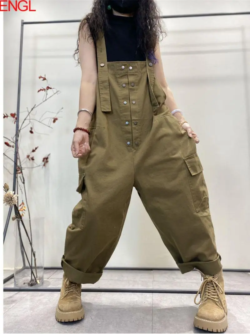 

2024 New Spring Sleeveless Suspenders Women's Loose Casual Pants Temperament Solid Color Versatile Solid Color Button Jumpsuit