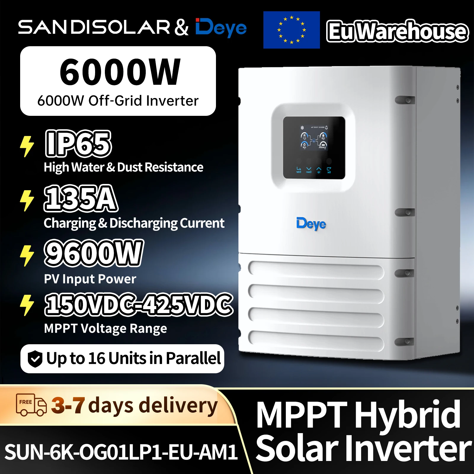 Inversor Solar Híbrido Deye de 6000W, Fuera de Red, IP65, 135A, Entrada de CC de 9600W, MPPT, Almacén en la UE, Entrega en 3-7 Días