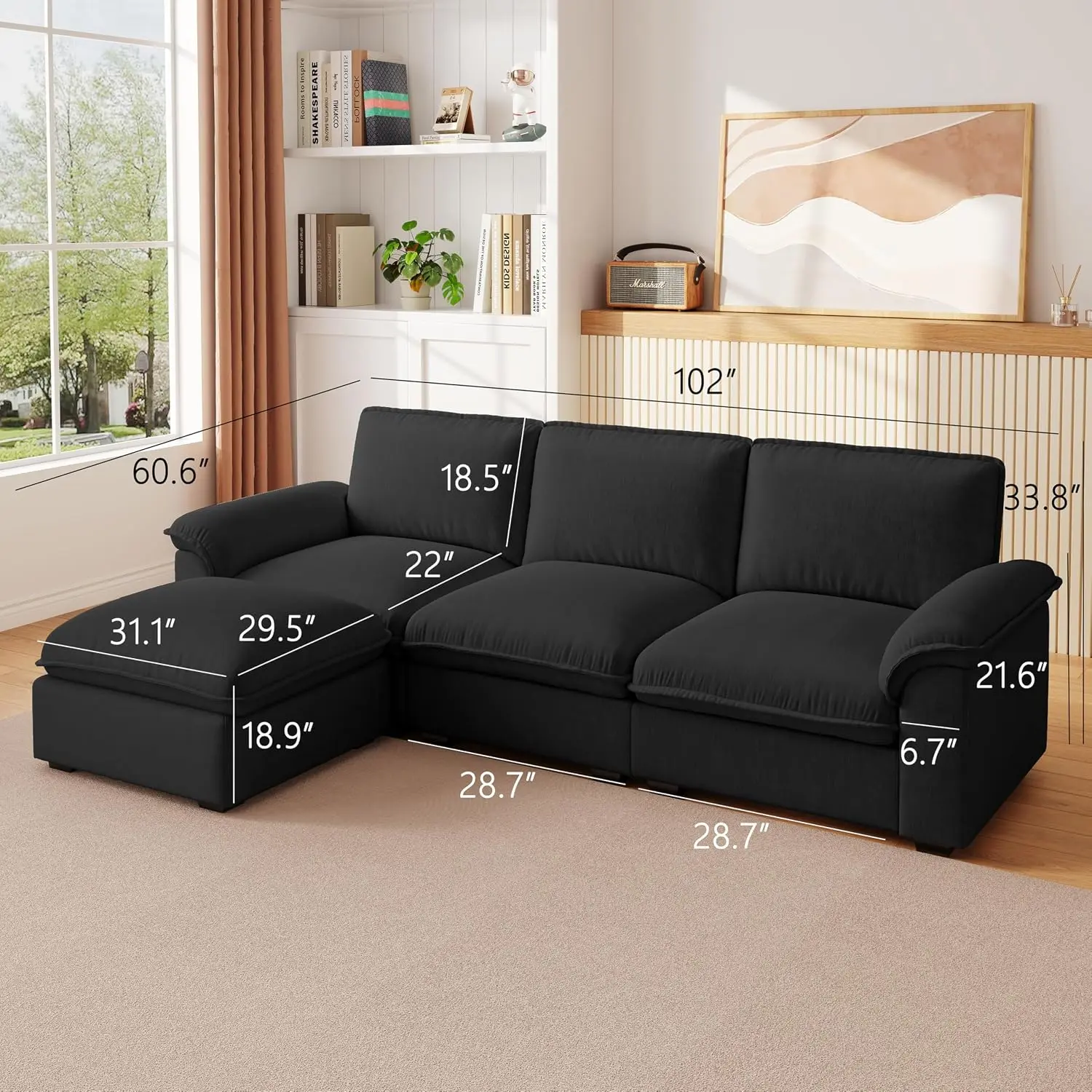 3‑Seater L‑Shape, Sleeper Function, Upholstered Cushion, Included Pillow, Comfy Seating Experience,for Living Room Home Decor