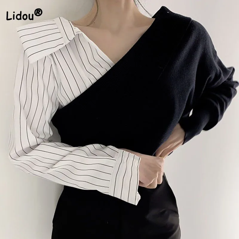 Fashion Loose Striped Knitted Spliced Blouse ladies Casual Autumn Fake Two Pieces Turn-down Collar Shirt Women\'s Clothing 2022