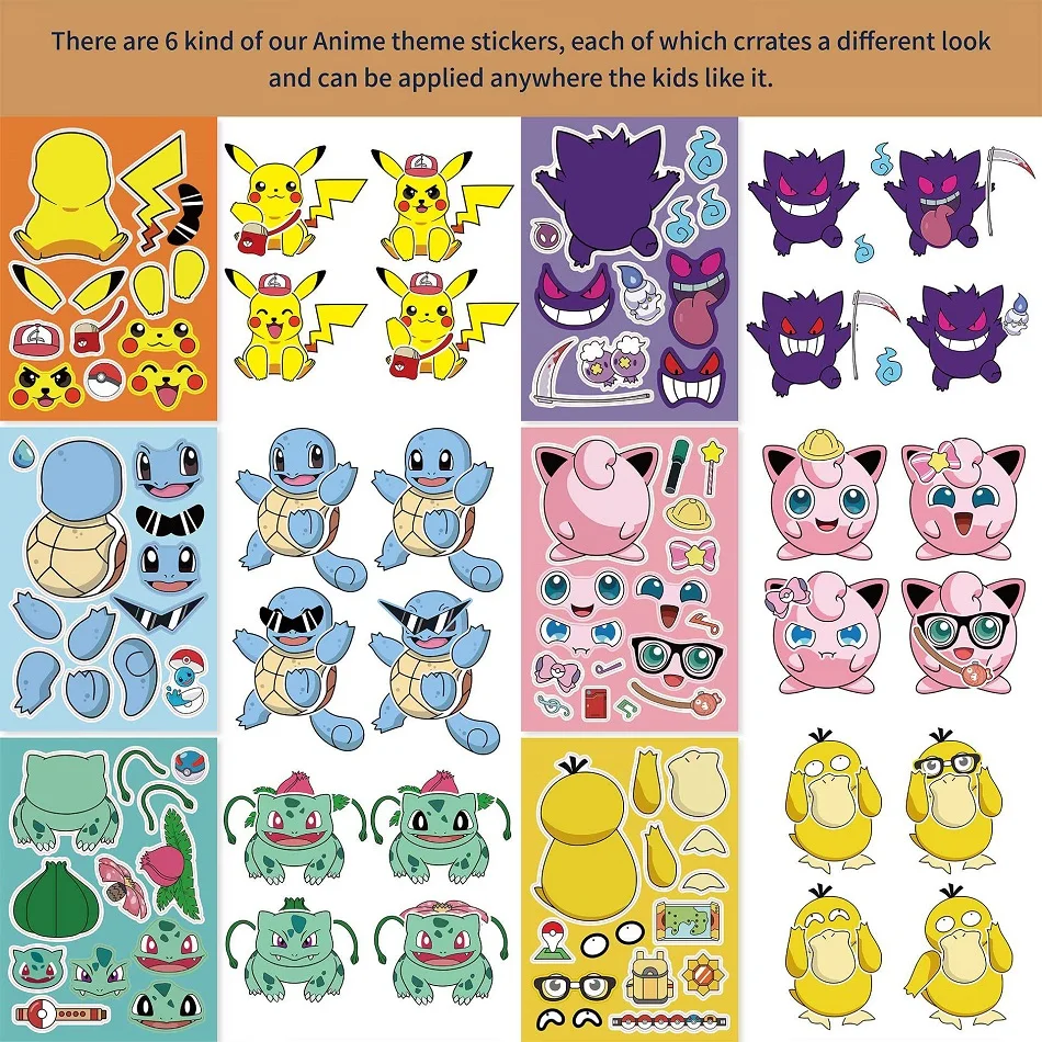 12Sheets Children DIY Puzzle Sticker Pokemon Face Funny Anime Pikachu Assemble Stickers Kids Toys Boys Girls Gifts