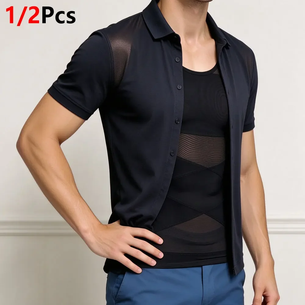 1/2Pcs Invisible Mens Body Shaper Tank Top, X-Cross Reinforced Abdomen Mesh Compression Vest, Slimming Undershirt Office Wedding