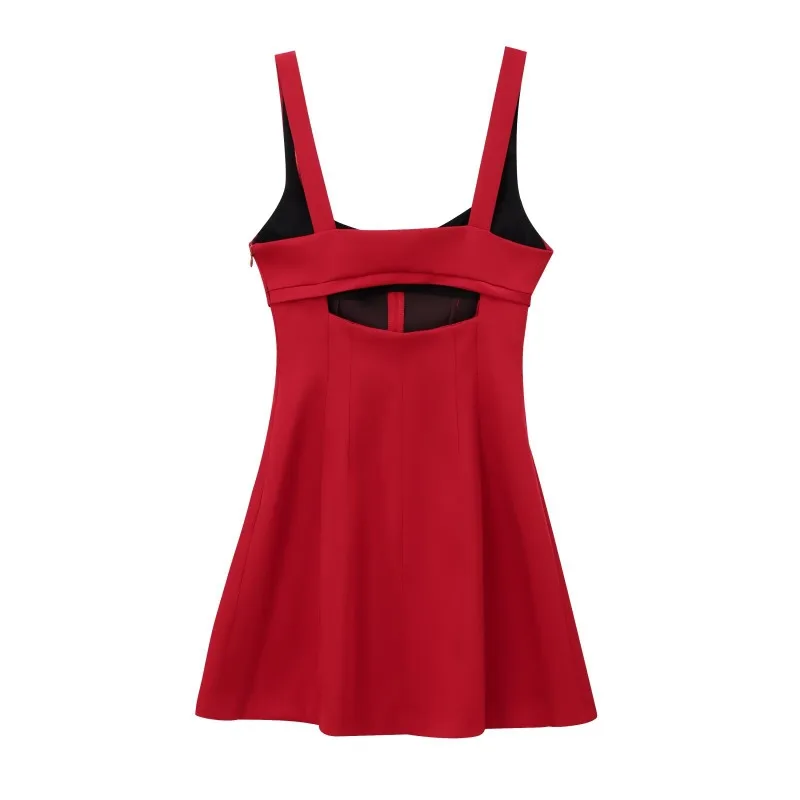 Women Backless Mini Red Party Dress Spring New Fashion Back Hollow Design Silk Satin Sleeveless Dress for Women Retro Vestidos