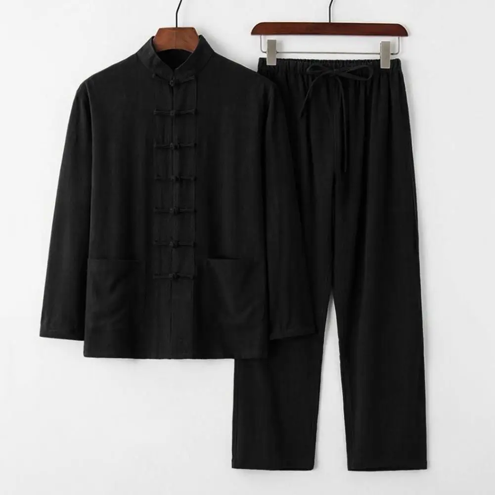 Men Casual Two-Piece Set Chinese Style Stand Collar Long Sleeve Disc Buckles Pockets Shirt Drawstring Elastic Waist Long Pants S