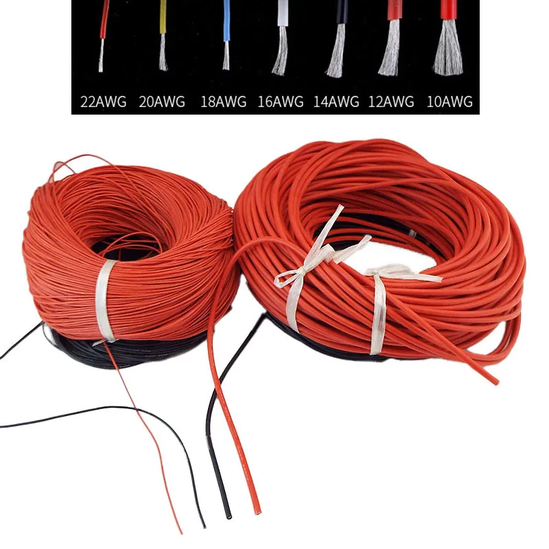 10M Black Red Color Heat-resistant Soft Electrical Silicone Wire Copper Cable Battery Connector 18 20 22 24 26 28 30 AWG