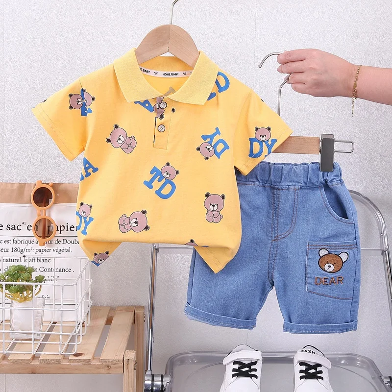 0-5 anni neonato estate vestiti semplici Set Polo orso cartone animato moda per bambini + pantaloncini di jeans abiti 2 pezzi