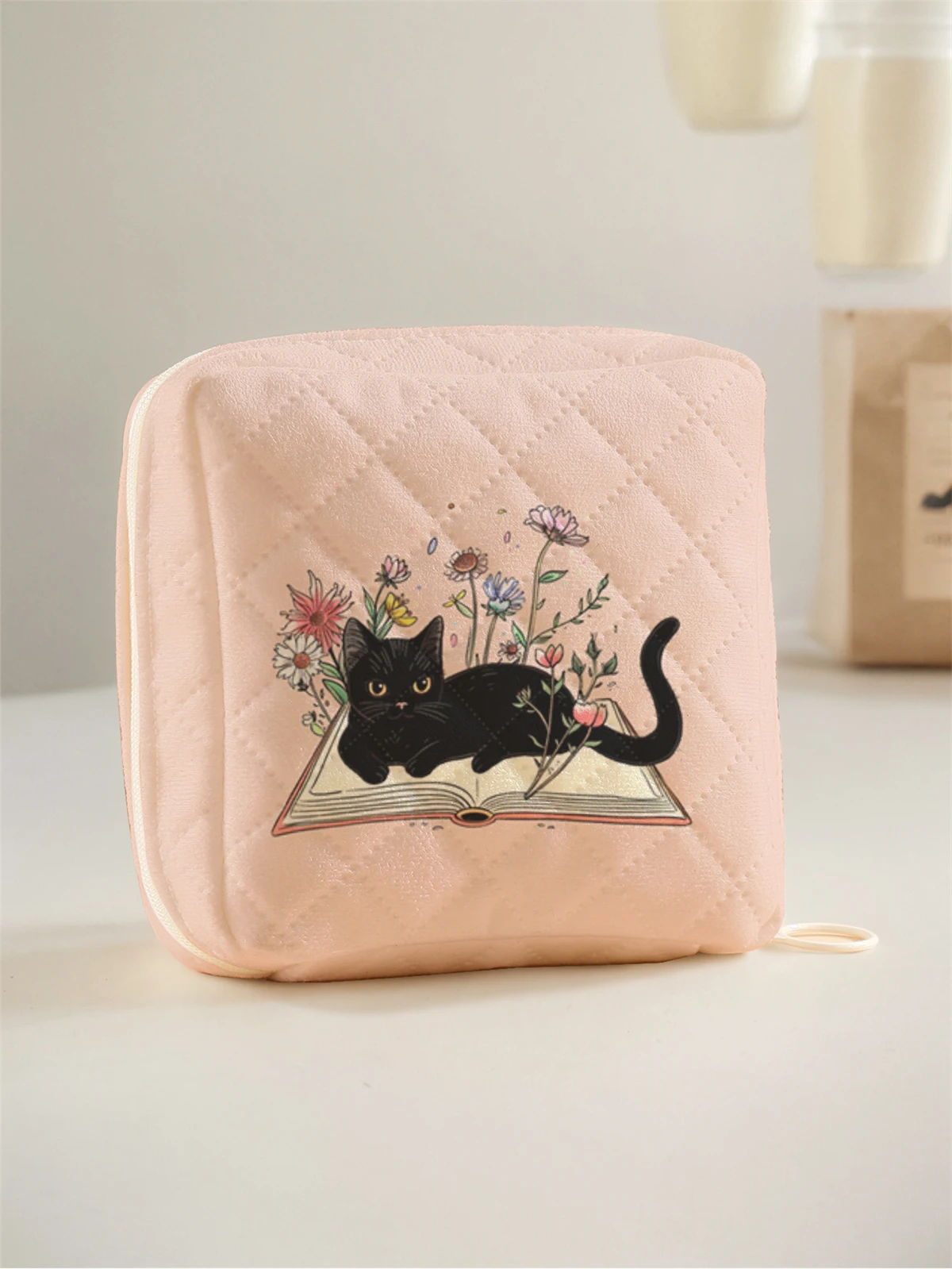 1 حقيبة تخزين مناديل صحية محمولة بنمط زهرة القطط ومواد شبكية ماسية، حقيبة مناديل نسائية خفيفة الوزن
