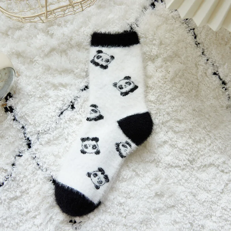 Winter Warm Thick Floor Sleep Socks Set Cute Cartoon Panda Socks for Women Kawai Thermal Fluffy Girl Middle Tube Socks