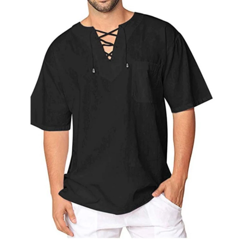 2023 New Men\'s Short Sleeve T-shirt Cotton Hemp Shirt Tied Lead Casual Men\'s T-shirt Shirt