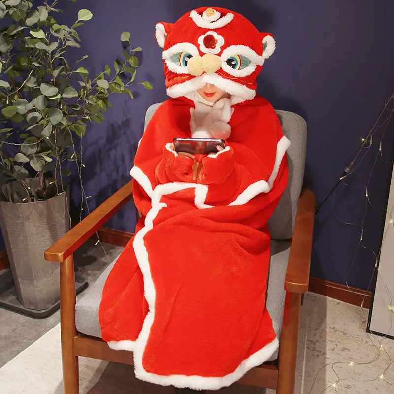 Lovely  Chinese Red Lion New Year Christmas Plush Soft Cloak Cartoon Cloak Coral Fleece Air Blankets Birthday Valentine Gifts