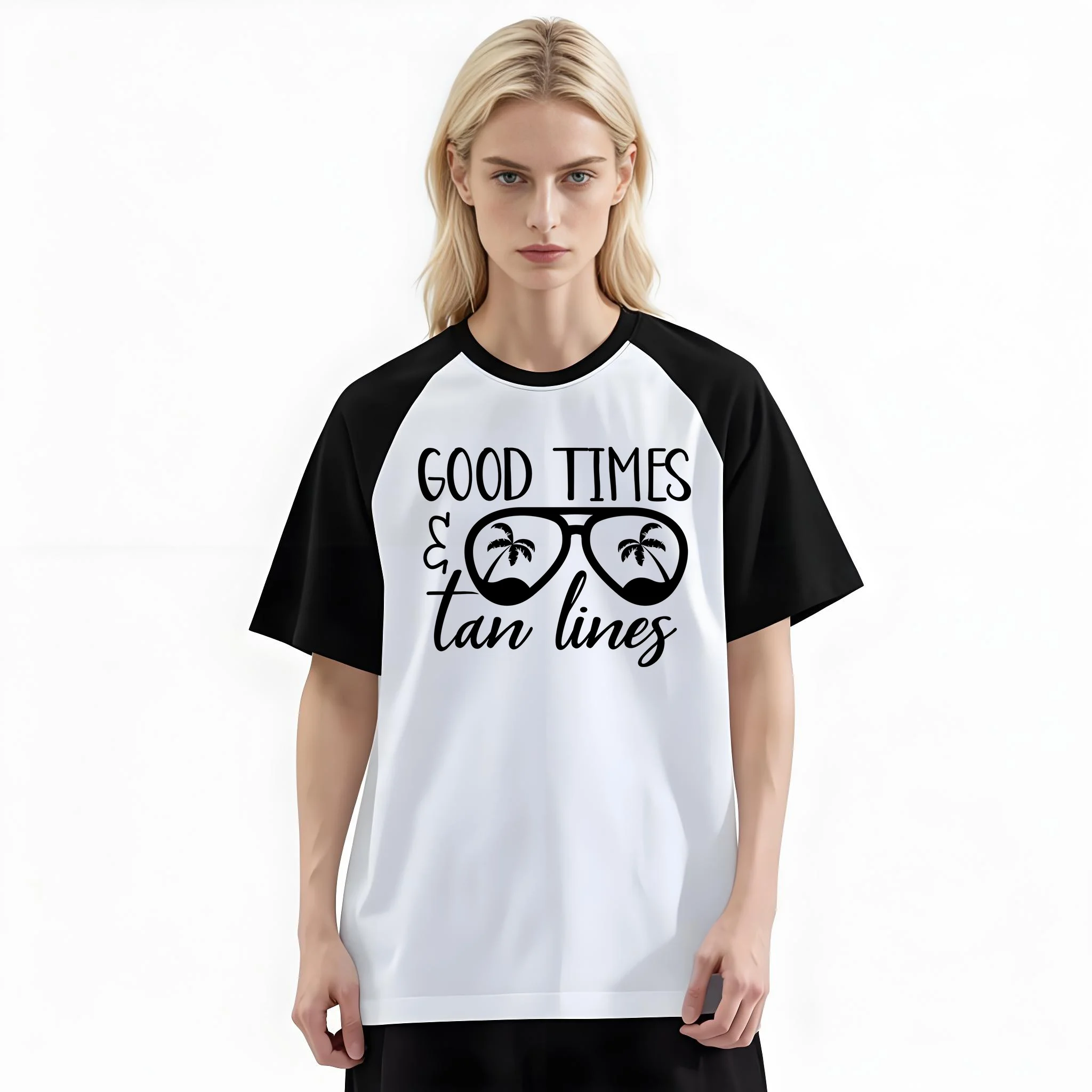 Women'S Fashion Raglan Sleeve T-Shirt, Good Times Tan Lines Beach Sunglasses Printed, Summer Casual Comfortable Tee, Women'S Everyday Short-Sleeve Top