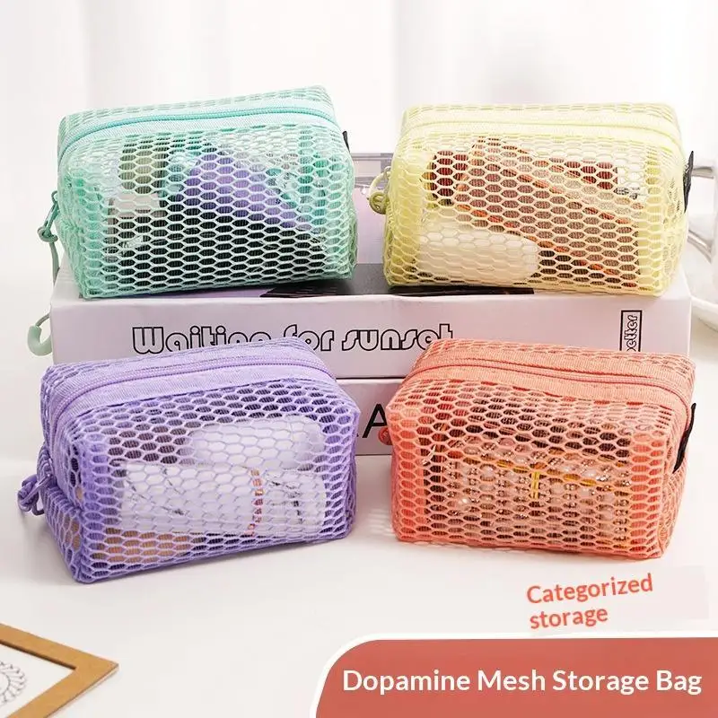 Portable Honeycomb Mesh Cosmetic Storage Bag With Zipper Breathable Design For Travel School Office Daily Use