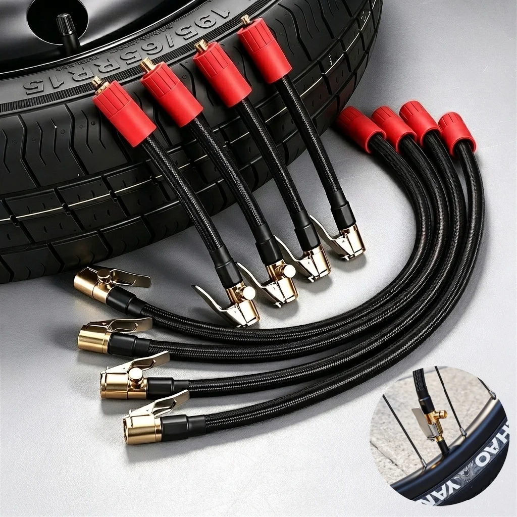 M6 Thread Air Inflator Extension Hose, Brass Lock On Air Chuck Rubber Tube with Heat Shield Sleeve for Car Motorcycle Tire