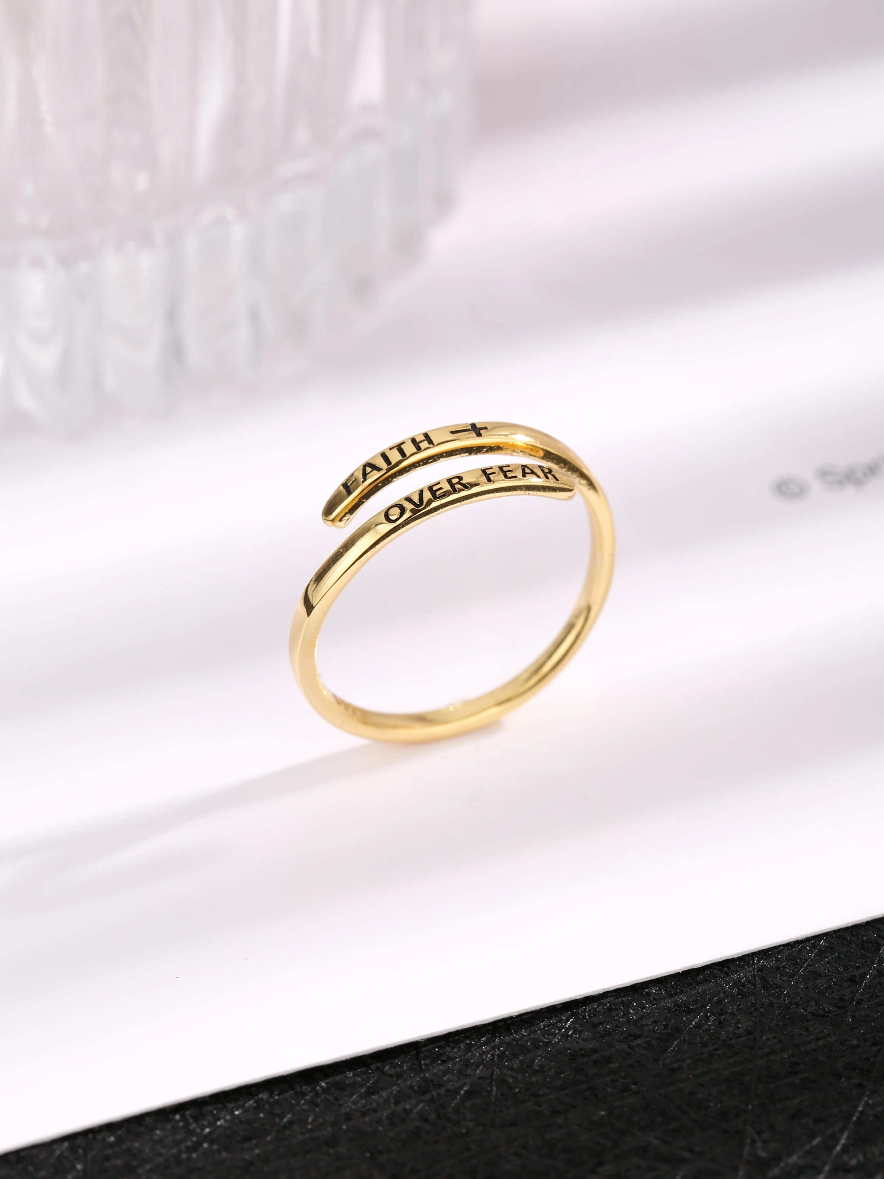 Popular Open Ring S925 Silver Adjustable INS style Faith over fear Simple 18k Gold Plated Ring