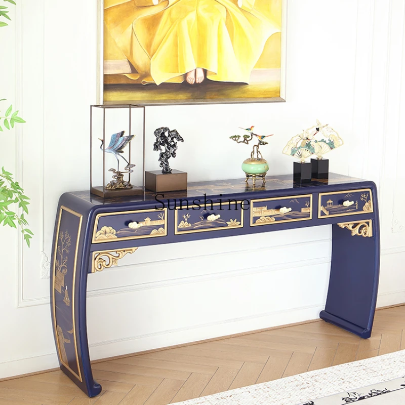 Classical royal blue painted strip villa living room corridor decoration entrance table