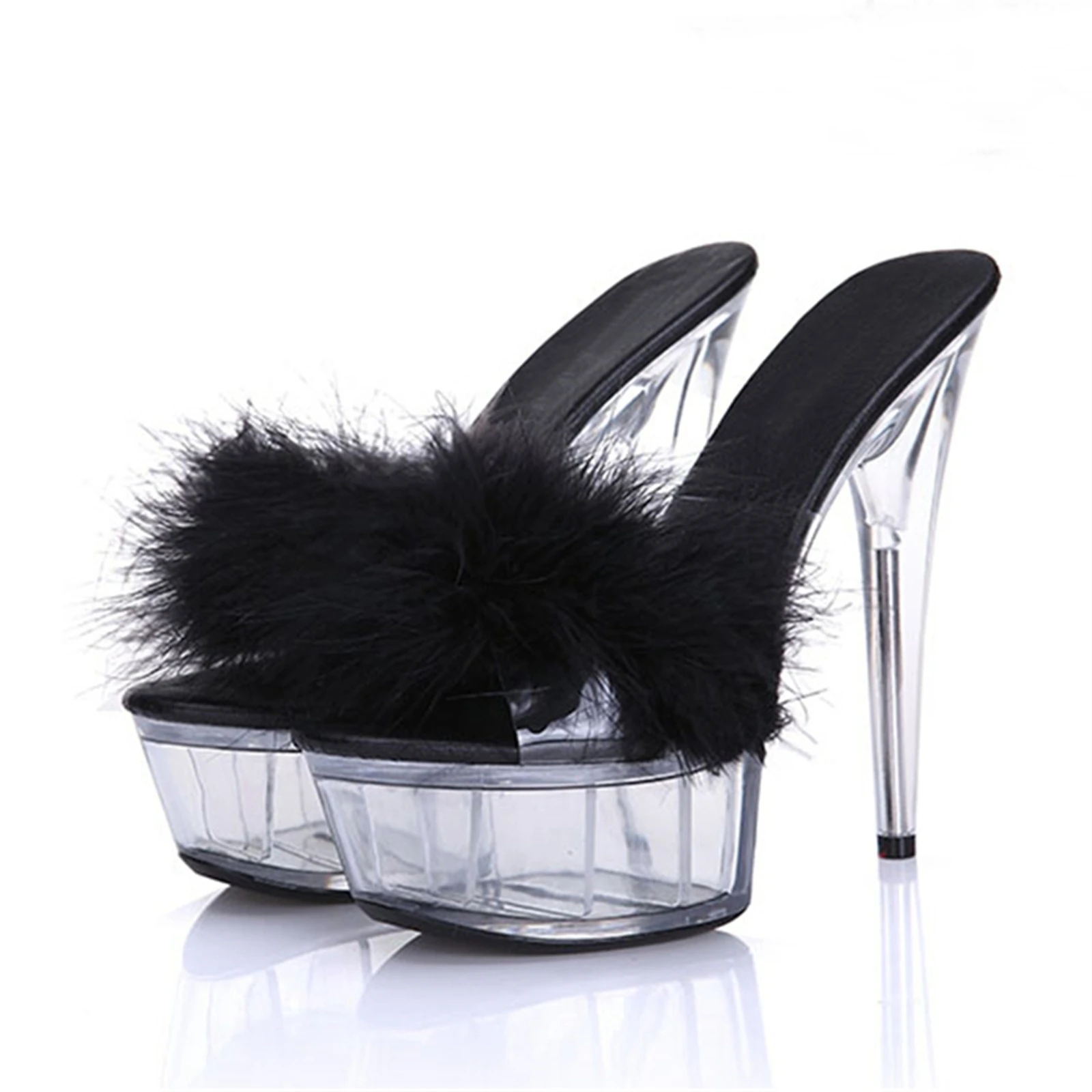 ​15CM Black Feather Mules, Transparent Platform Heels with Fluffy Accent & Stiletto Heel, Dramatic Evening Sandals​