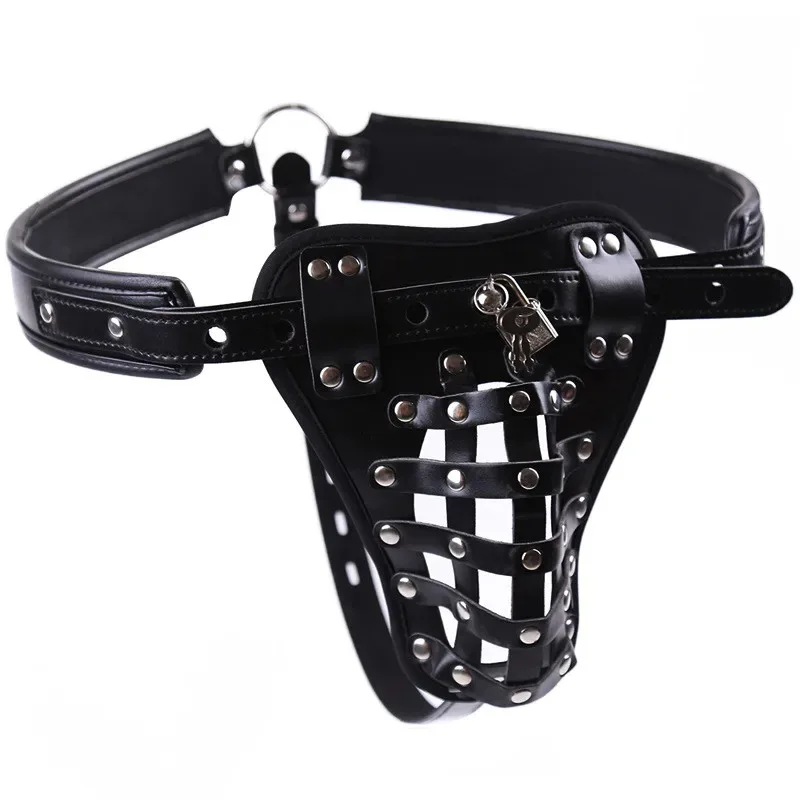 PU Leather Male Chastity Belt Device with Penis Lock And Rings BDSM Bondage Underwear for Men's Erotic Adult Games 18+ - view 5