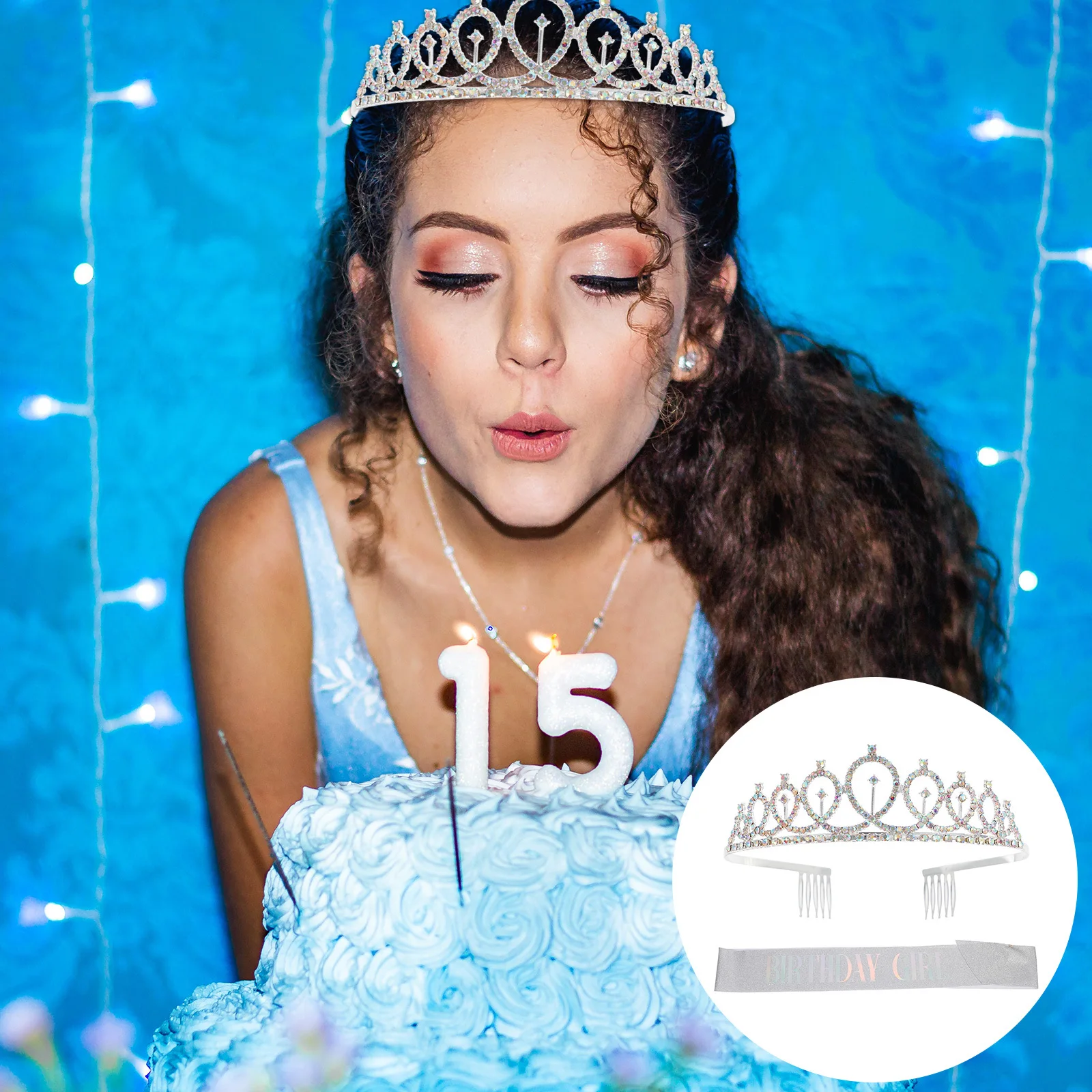 

1Set Birthday Party Crown Set Lightweight Flexible Hair Insert Girl Rhinestones Crown Etiquette Belt Birthday Etiquette Belt