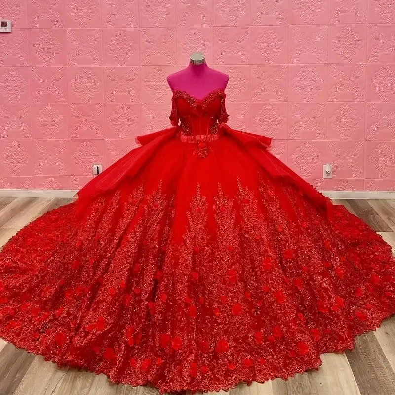 

Red Sparkly Princess Off Shoulder Quinceanera Dresses Sweetheart Lace Applique Flower Beads Tull Sweet 16 Ball Gown Vestidos De