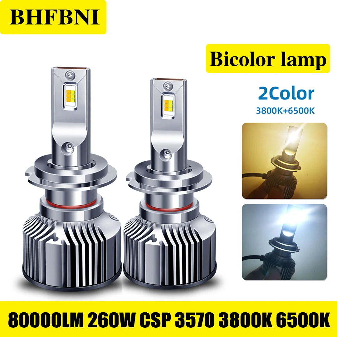 

BHFBNI 80000LM 6500K 3800K Bicolor Lamp 260W HB3 HB4 9005 9006 H1 H8 H7 H4 H11 Bulb Led Canbus Car Headlight CSP 3570 Fog Light