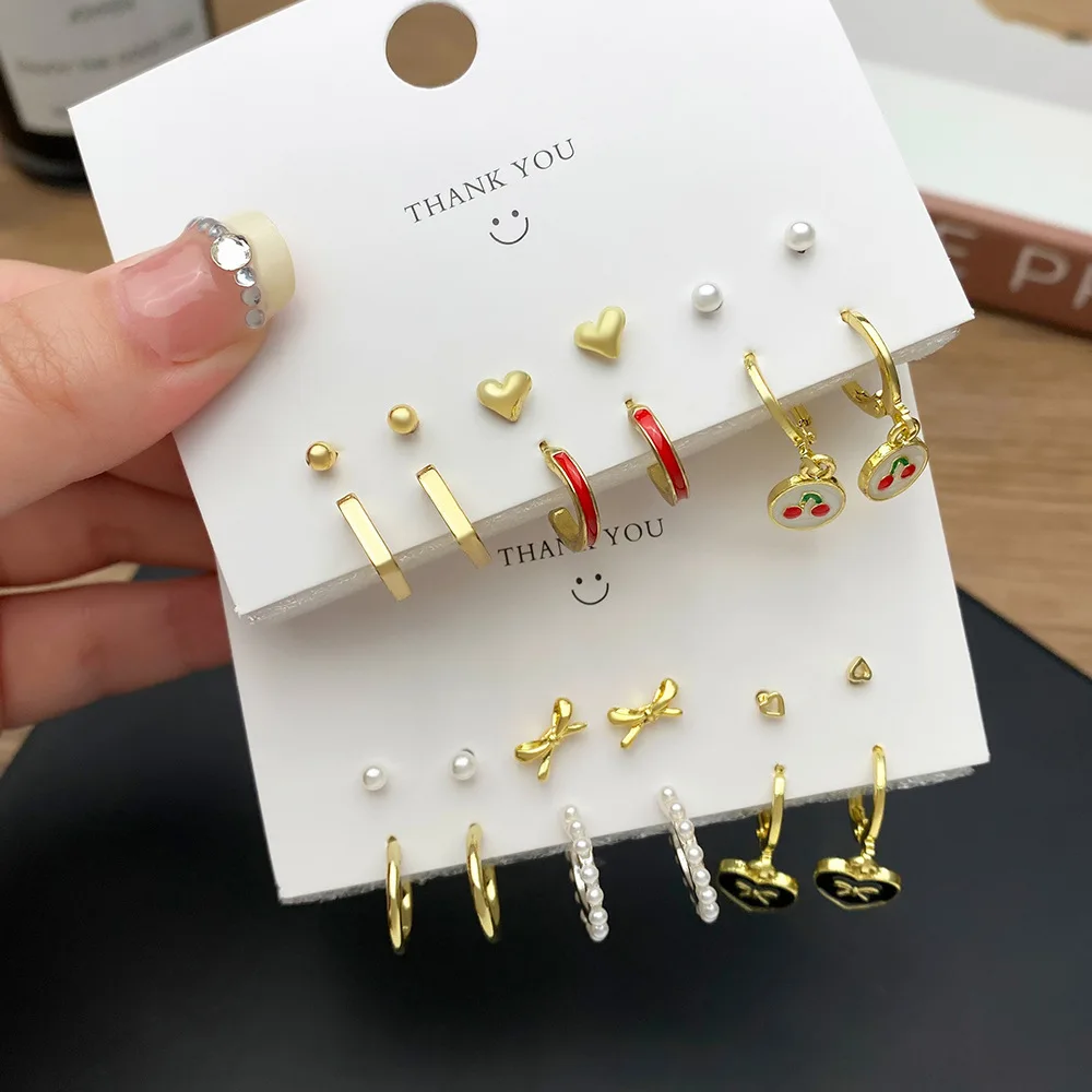 3/6 Pairs الكورية الحلو المعادن القلب دائرة الأقراط الصغيرة للنساء الأسود القلب المينا أقراط الاتجاه هدايا مجوهرات الأزياء #3