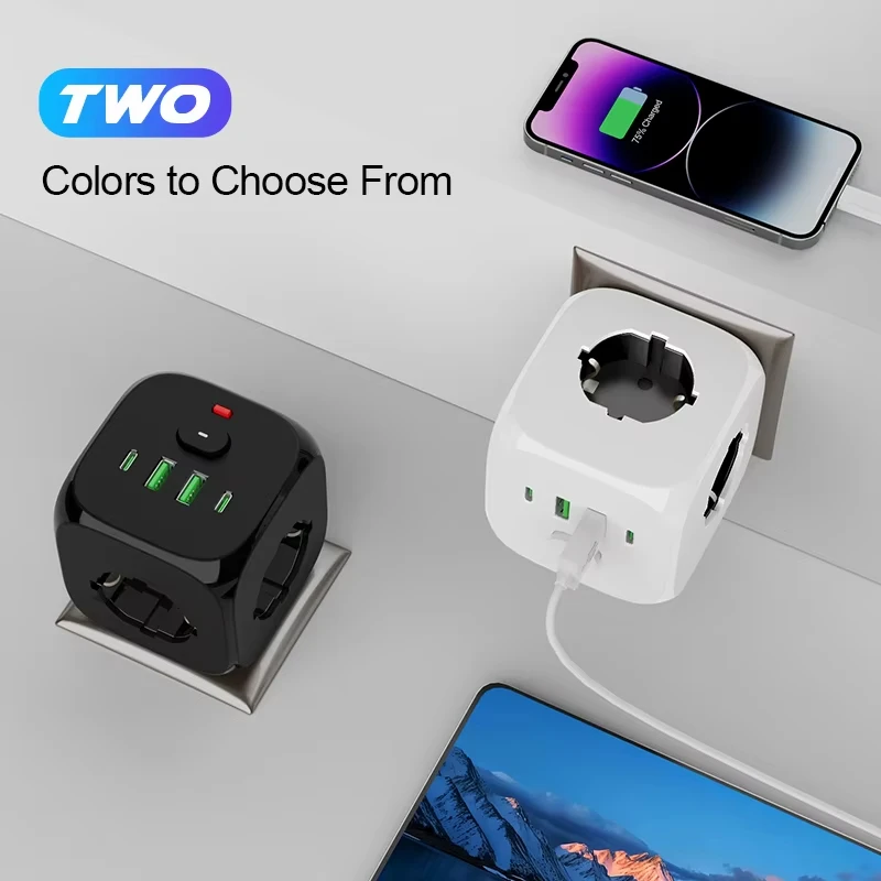 7-in-1 EU power strip with 3 AC sockets, 2 USB ports, 2 Type-C ports,Suitable for home, office, travel