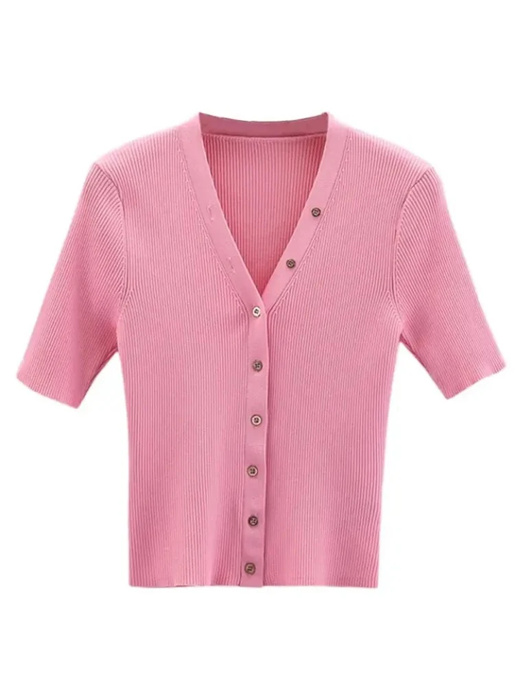 Single Breasted V Neck Short Knitwear With Button Women Retro Summer Short Sleeve Knit Cardigan Thin Crop Top B-037