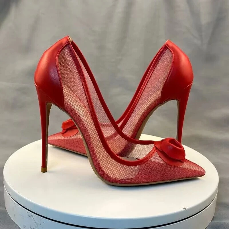 Tikicup Red Matte Women Summer Gauze Transparent Pointy Toe High Heel Shoes for Wedding Party Elegant Ladies Stiletto Pumps