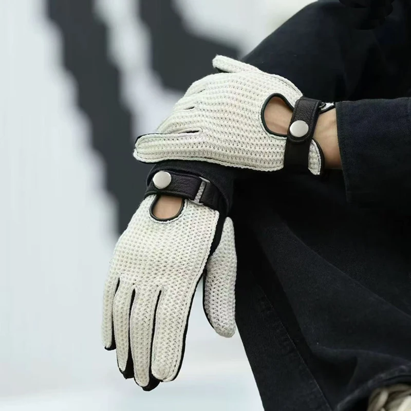 Korean Trend Luxury Deerskin Gloves For Men Locomotive Riding Retro Luvas Male Radiating Mesh Unlined Breathable Cuero Gants