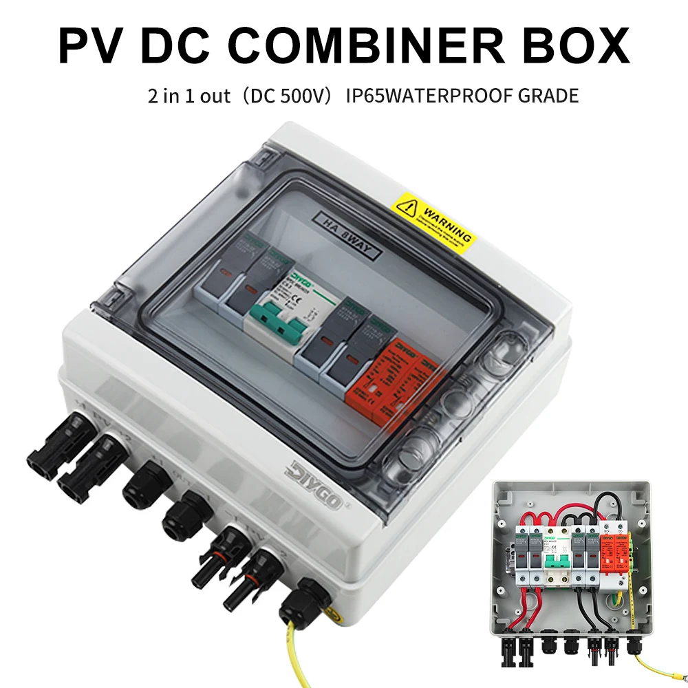 

500V 2 In 1 Out Solar Photovoltaic Combiner Box Surge Lightning Protection DC Fuse MCB SPD Waterproof Rainproof Dustproof Crate