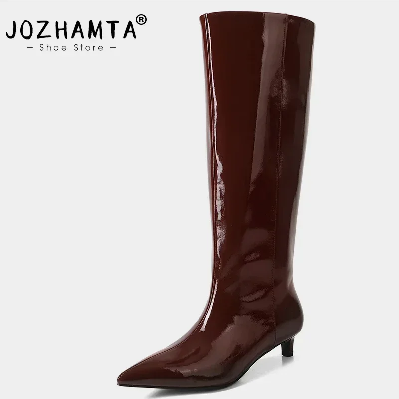 JOZHAMTA Size 34-43 Knee High Boots For Women Genuine Leather Sexy Pointy Kitten Heels Shoes Winter 2025 Wide Calf Long Boots