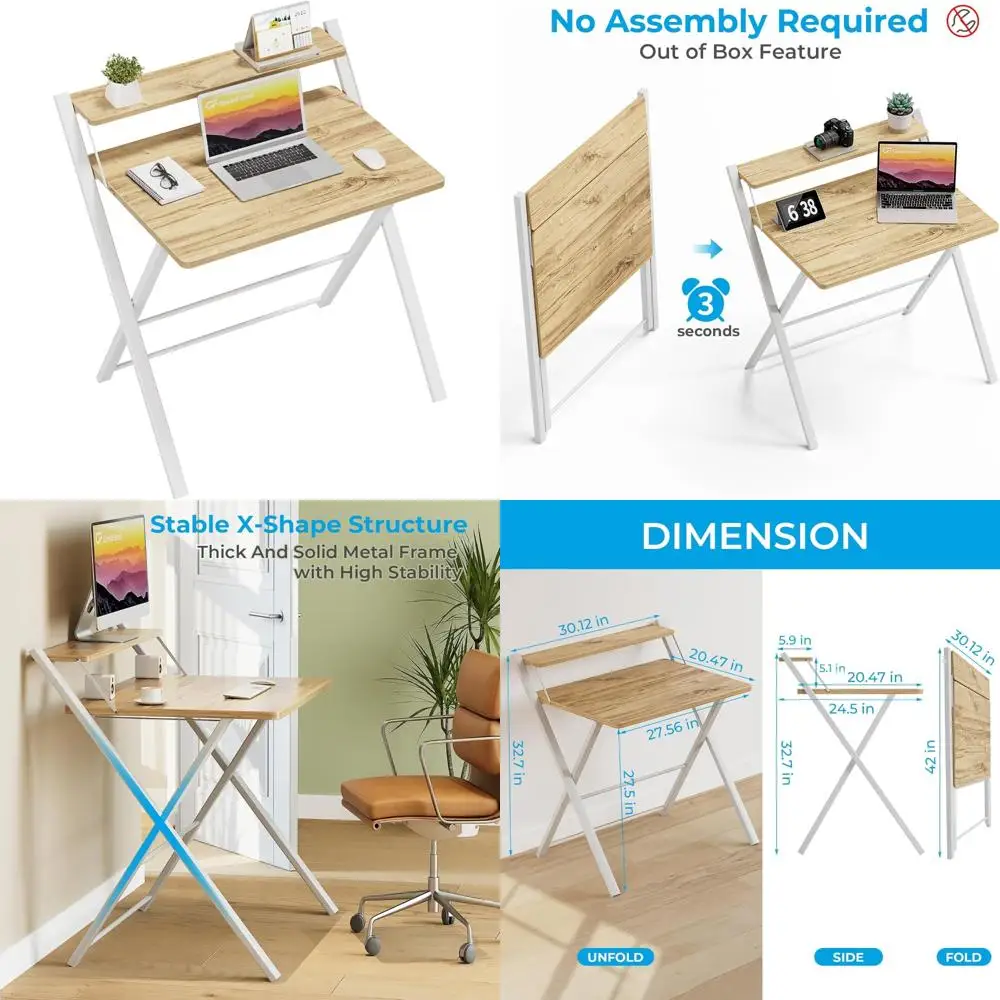 

Compact 2-Tier Folding Desk with Shelf, 30 Inch Space-Saving Table for Home Office Use
