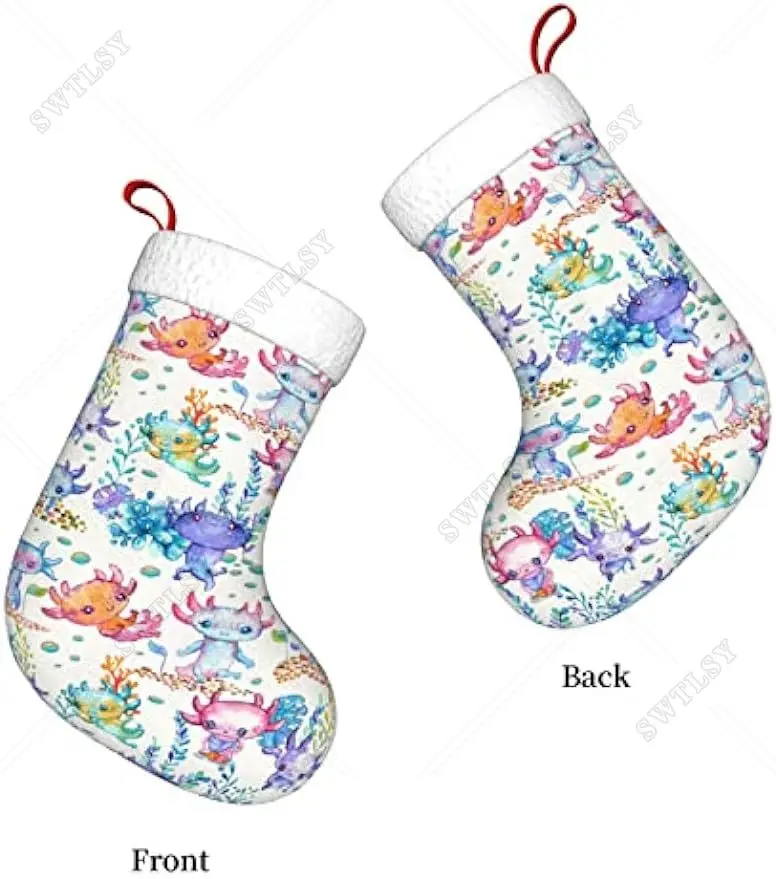 Watercolor Cute Axolotl Characters Christmas Stocking Holiday Fireplace Hanging Sock Xmas Stockings Classic Decoration