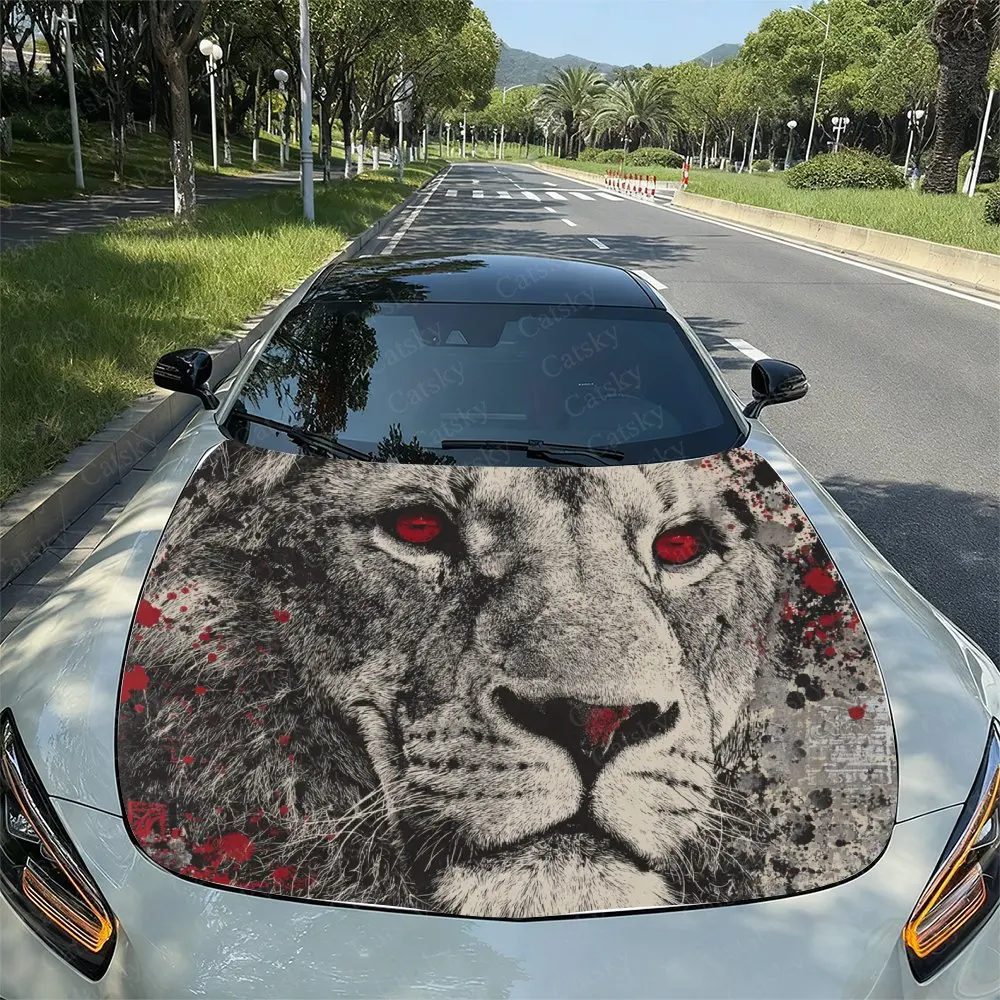 Ink Splatter Style Red Eye Lion Car Hood Decal Sticker - Durable Vinyl Protective Film For Most Vehicles, Scratch-Resistant Auto