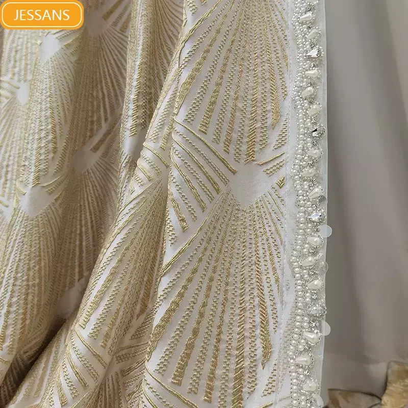 Customized Beige Fan Relief Pearl Lace Splicing Curtains for Living Room Bedroom French Window Balcony Villa Finished Products