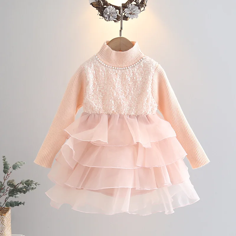 Spring Autumn 1-6Y Girls Bubble Dress Round Collar Patchwork Pearl Sequin Kid Girls Frock Sweet Thicken Toddler Girls Cake Dress