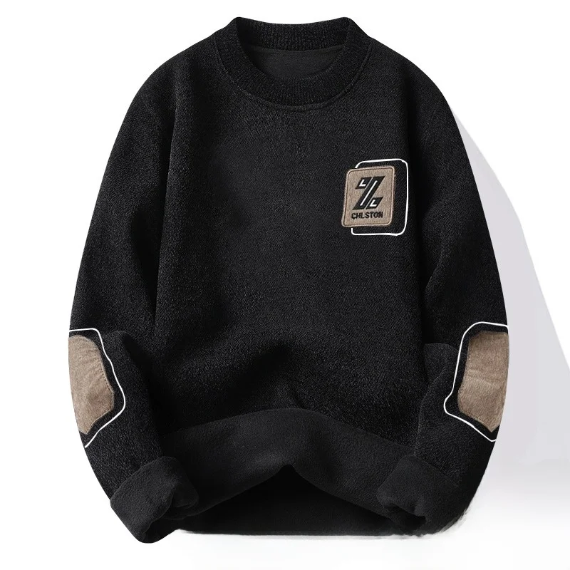 Men's Fleece Lined round Neck Knitwear Thermal Underwear Sweater Casual Versatile Polyester Fiber Winter Fashion City Style
