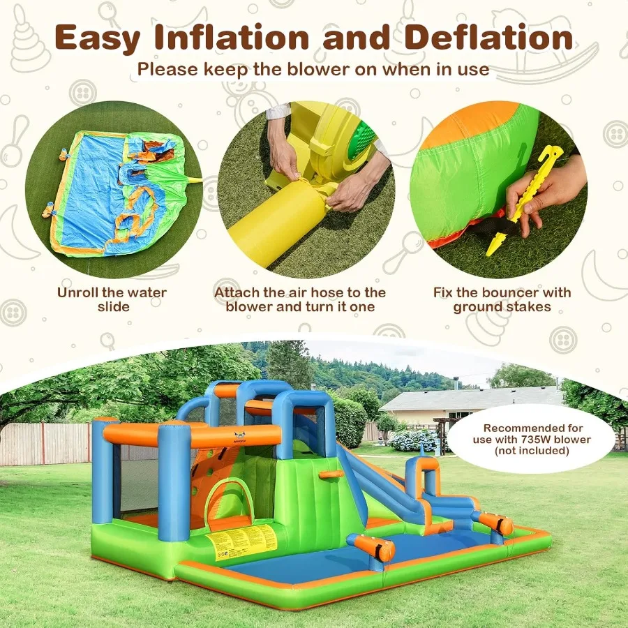 Tobogán acuático inflable, casa gigante de rebote para parque acuático 7 en 1 para patio trasero al aire libre, piscina contra salpicaduras, cañones de agua y paredes trepadoras,