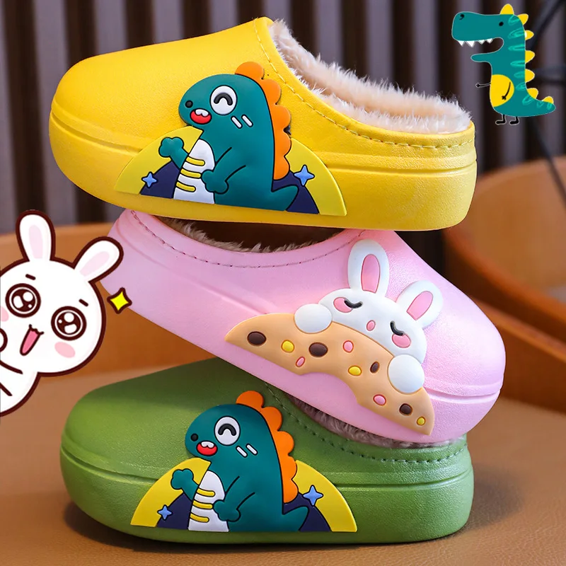 

Fashion Cartoon SLippers Children Warm Plush Shoes Non-slip Big Rubber Sole Footwear Girls Boys InDoor Warm Shoes