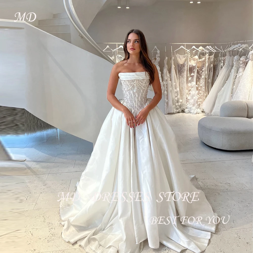 Md sem alças uma linha eua vestidos de casamento feminino saia tafetá cristal topo fino varredura trem vestidos de noiva personalizar