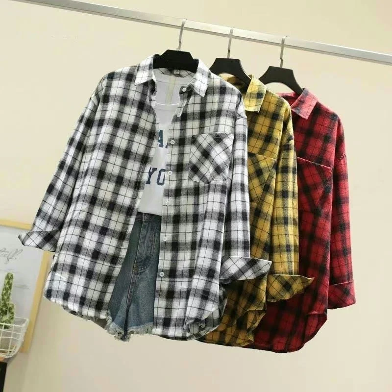 

Spring Plaid Women's irt Long Sve V-Ne Straight Cut Cotton Blend Open Cardigan Sle Faionable Versatile Spring irt