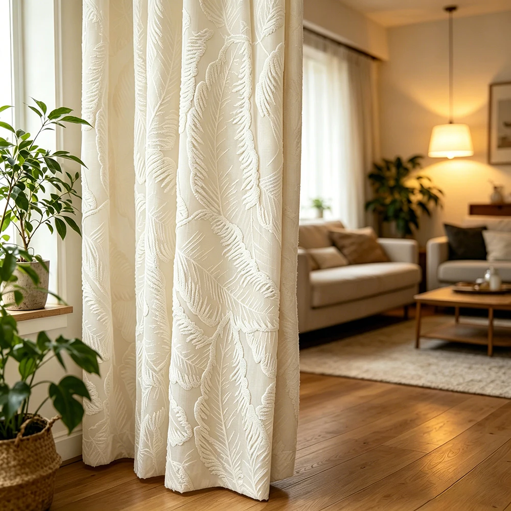 1pc， American retro relief leaf embroidered velvet curtain, beige semi transparent window screen, suitable for bedroom